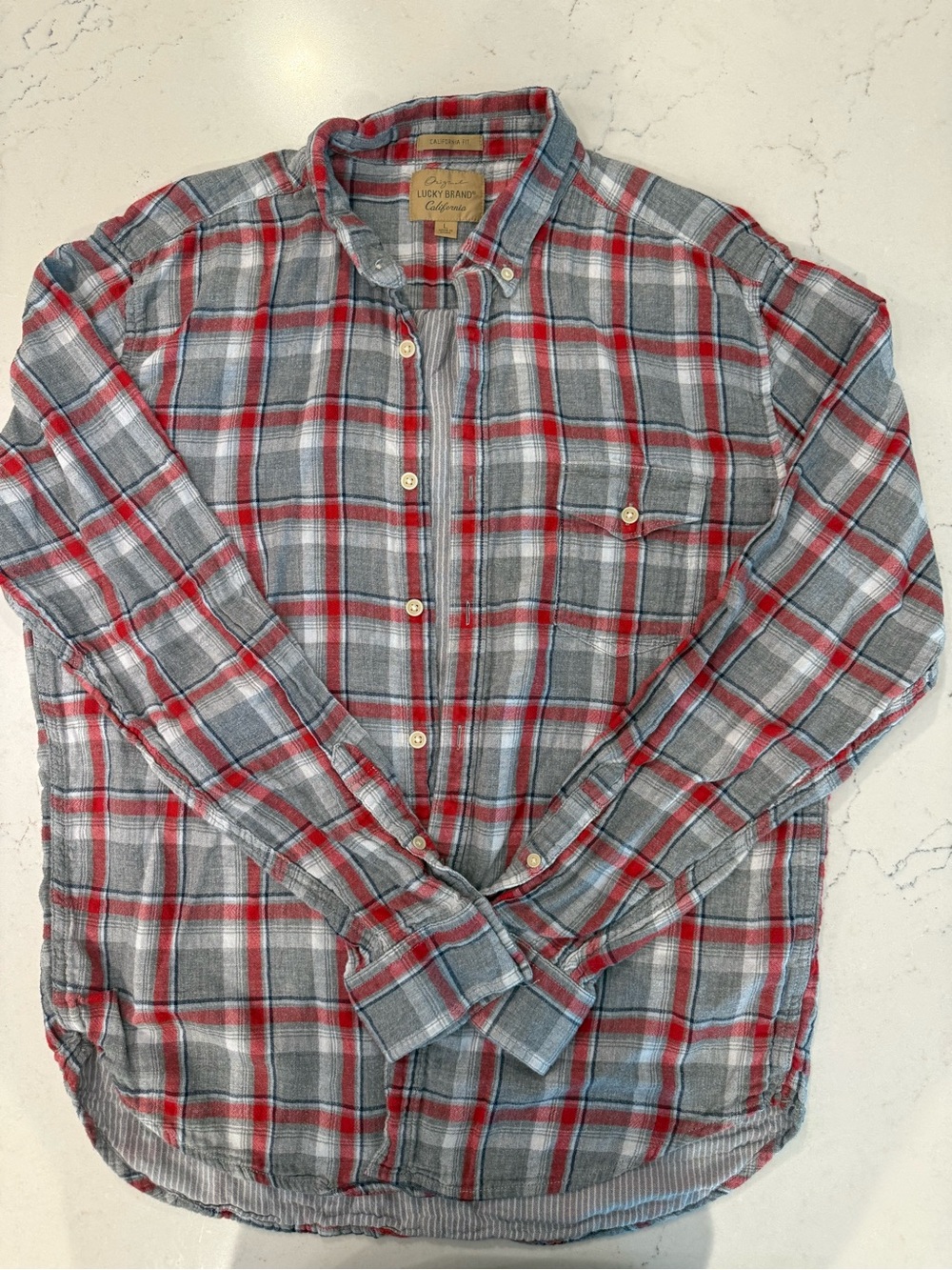 Lucky Brand Gray and Red Plaid Button-Down Shirt Size Large